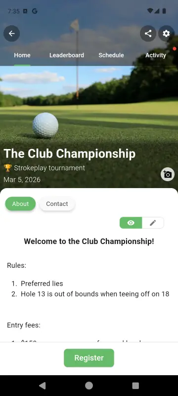 Register button on a group home screen