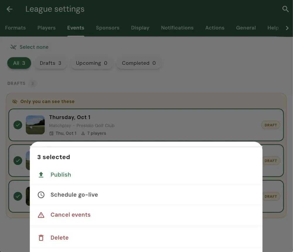 The league Events tab in selection mode with 3 events selected and the bulk action menu showing Publish, Schedule go-live, Cancel events, and Delete