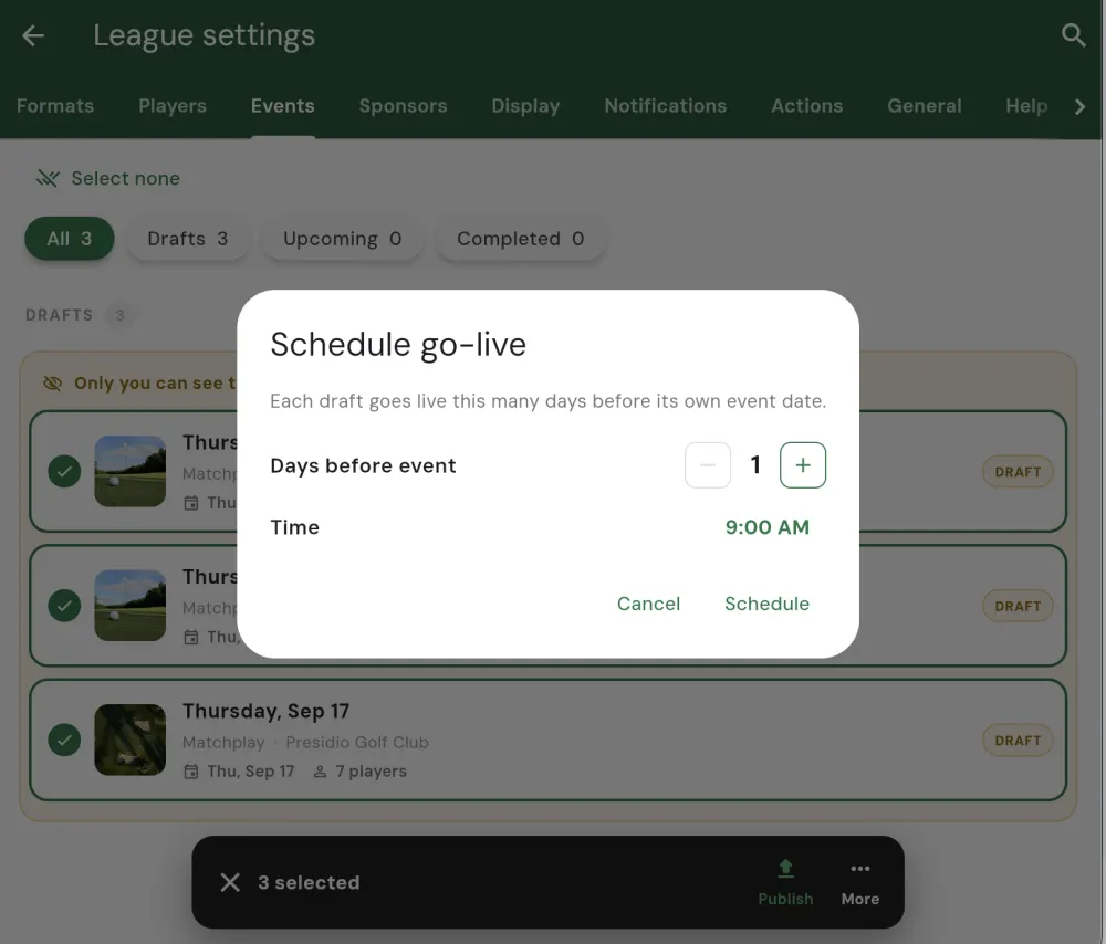 The Schedule go-live dialog: each draft goes live a set number of days before its own event date, with a Days before event stepper and a Time