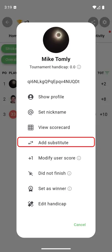 Player adding a sub for themselves in an event