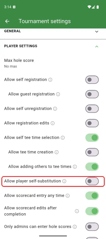 Tournament settings showing the allow players to add subs toggle