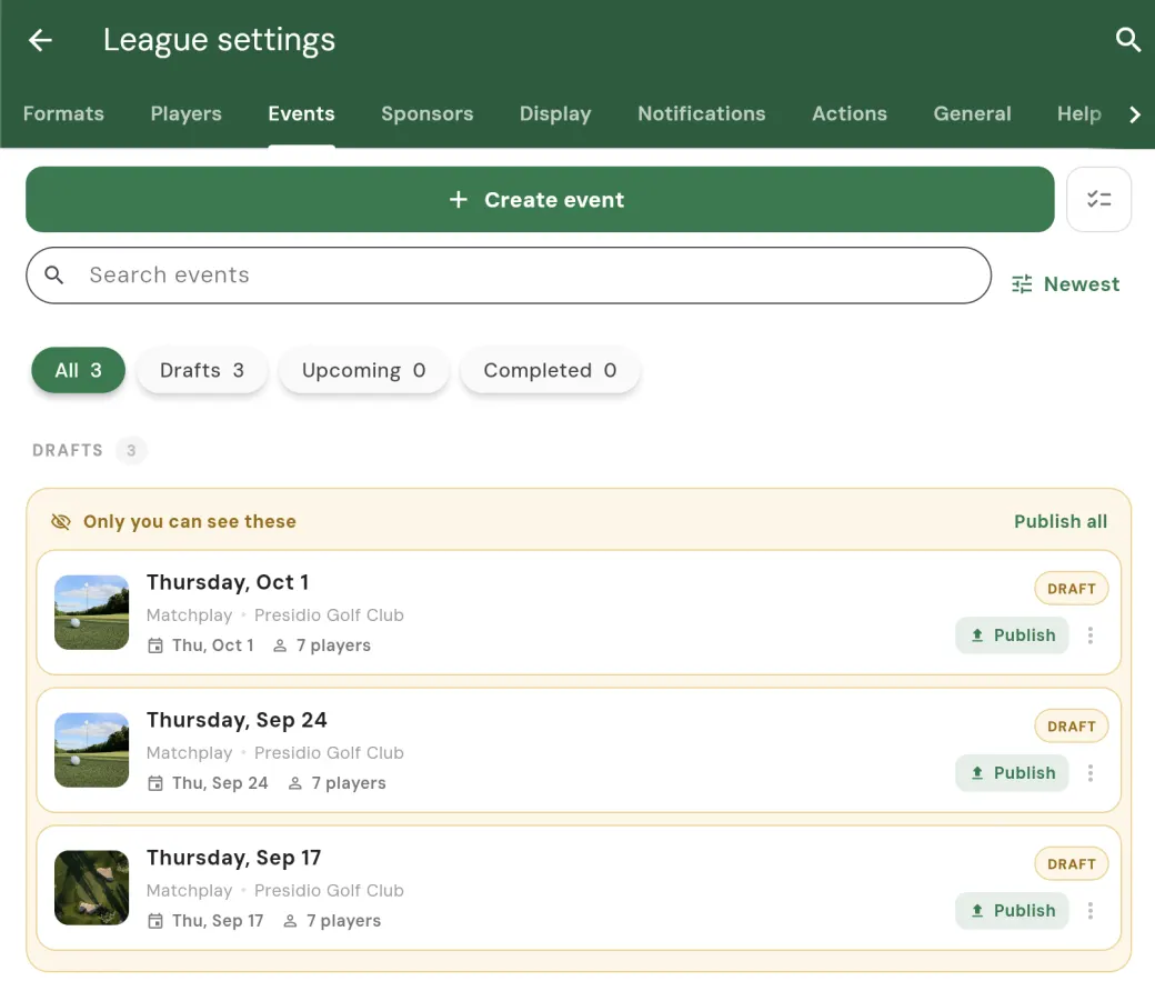 The league Events tab Drafts view with an Only you can see these banner, draft events each showing a DRAFT badge and a Publish button, and a Publish all action