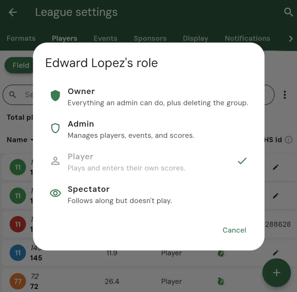 A member's role dialog showing Owner, Admin, Player, and Spectator options, with Admin described as Manages players, events, and scores