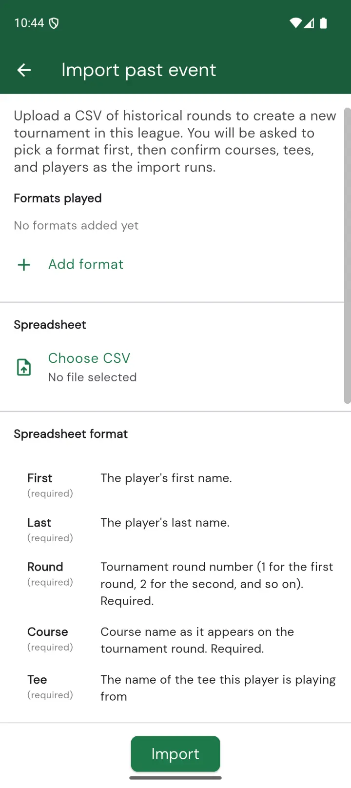 Import past event page with the Add format tile highlighted in green