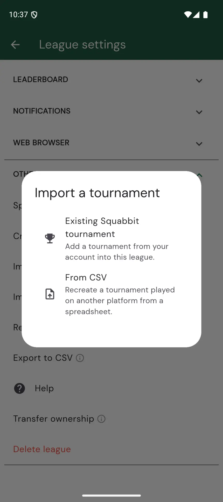 Dialog asking whether to import from an existing Squabbit tournament or from a CSV file