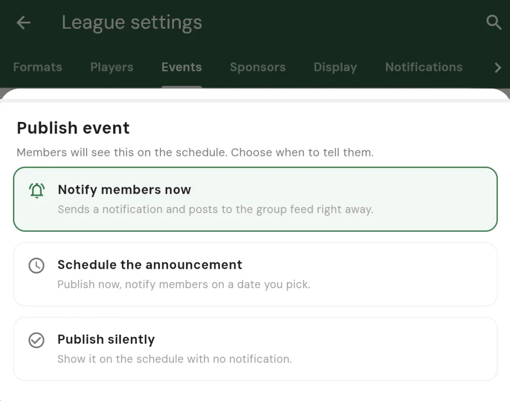 The Publish event dialog with three options: Notify members now, Schedule the announcement (publish now, notify members on a date you pick), and Publish silently
