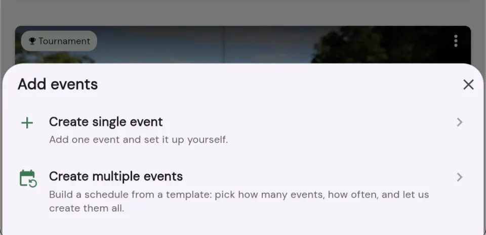 The Add events chooser with Create single event and Create multiple events options