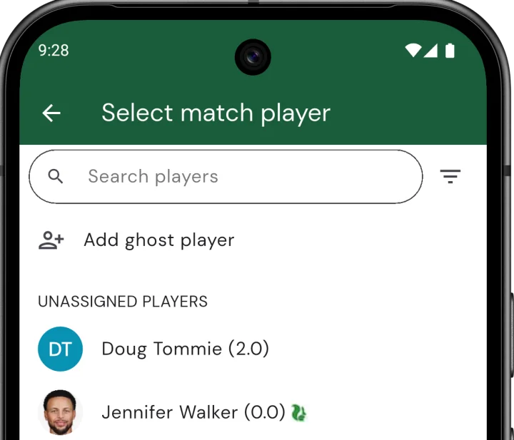 Squabbit Select match player screen showing the Add ghost player entry above the unassigned players list