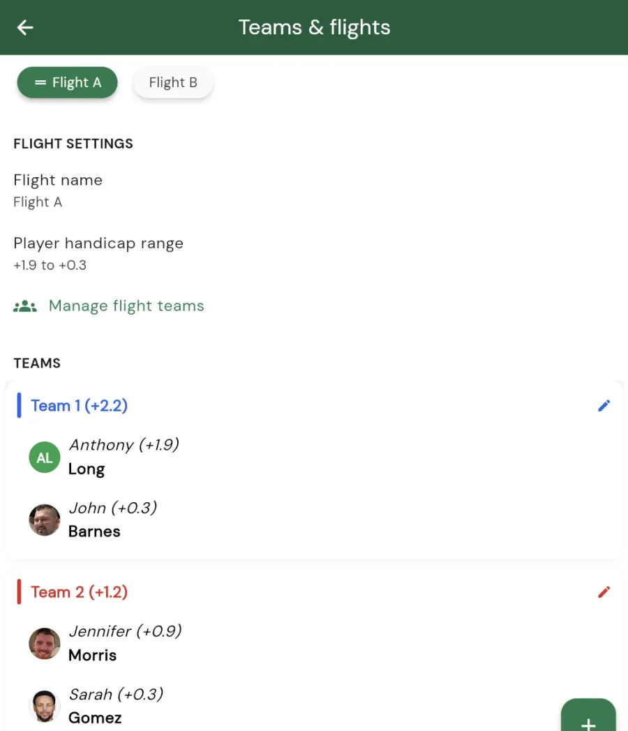 The combined Teams & flights screen: flight chips and flight settings at the top, with the flight's teams and their players listed below