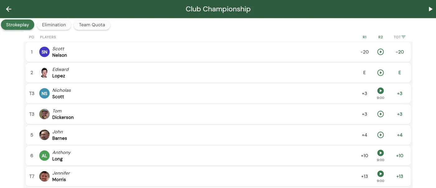 The full-screen auto-scrolling leaderboard for a Club Championship, with format chips (Strokeplay, Elimination, Team Quota) across the top, the ranked players and round scores, and a play/pause control in the corner