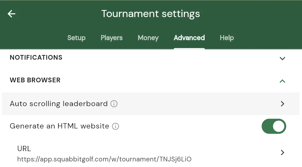 The Web Browser section under the Advanced tab of tournament settings, with the Auto scrolling leaderboard row highlighted