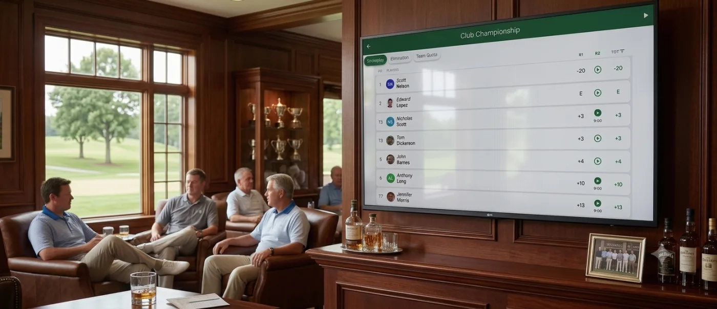 The auto-scrolling leaderboard running on a large wall-mounted TV in a wood-panelled clubhouse lounge, with members watching from leather armchairs