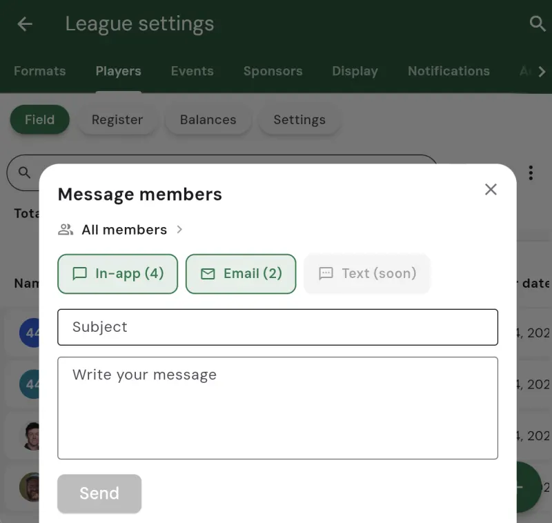 The Message members sheet with an All members audience line, In-app, Email, and Text (soon) channel chips, and Subject and message fields above a Send button