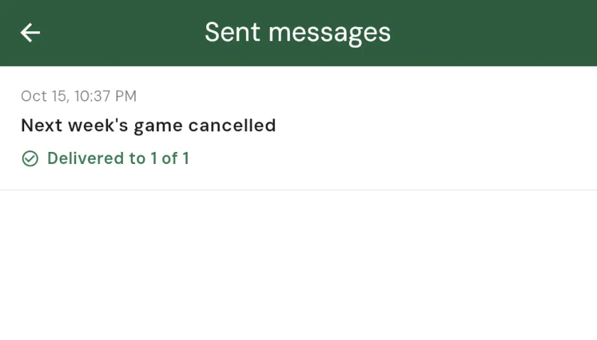 The Sent messages history showing a past broadcast with its subject, send time, and a Delivered to 1 of 1 count