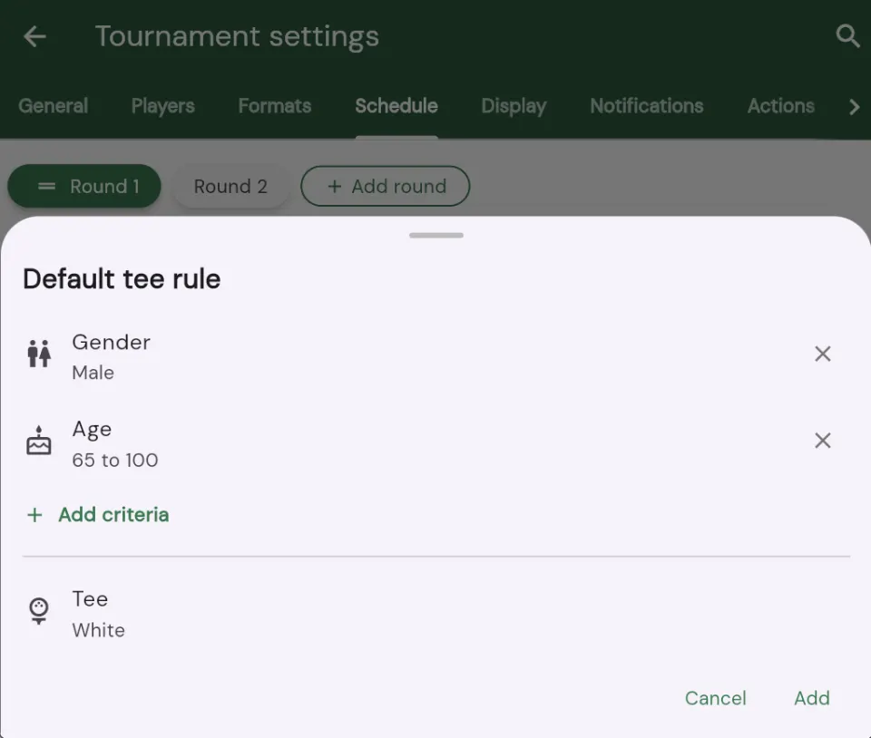 The Default tee rule editor: criteria for Gender (Male) and Age (65 to 100), an Add criteria row, and the Tee set to White