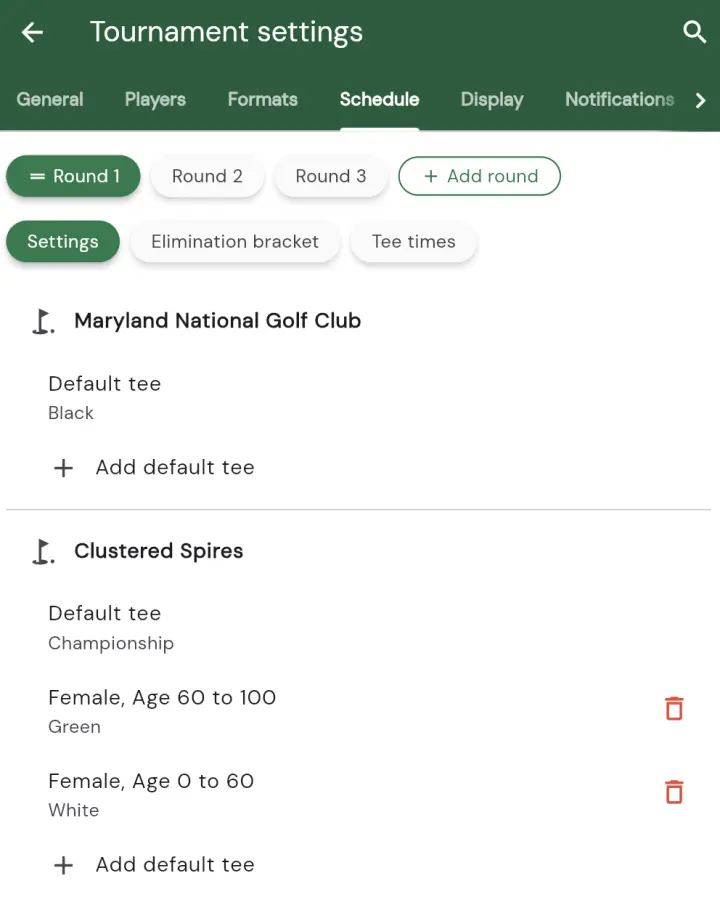 A multi-course tournament round's Schedule tab showing two courses, Maryland National Golf Club and Clustered Spires, each with its own Default tee row set to a different tee