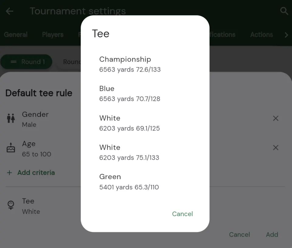 The tee picker dialog listing the course's tees with their yardage, rating, and slope