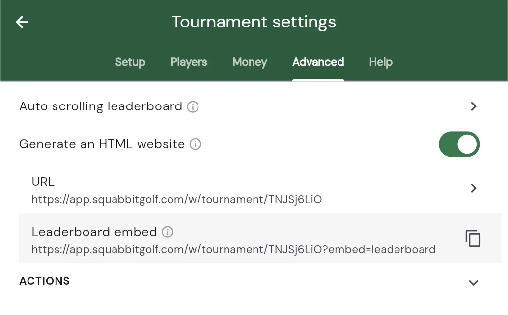 The Web Browser section of tournament settings showing the Leaderboard embed row with its embed URL ending in ?embed=leaderboard and a copy icon