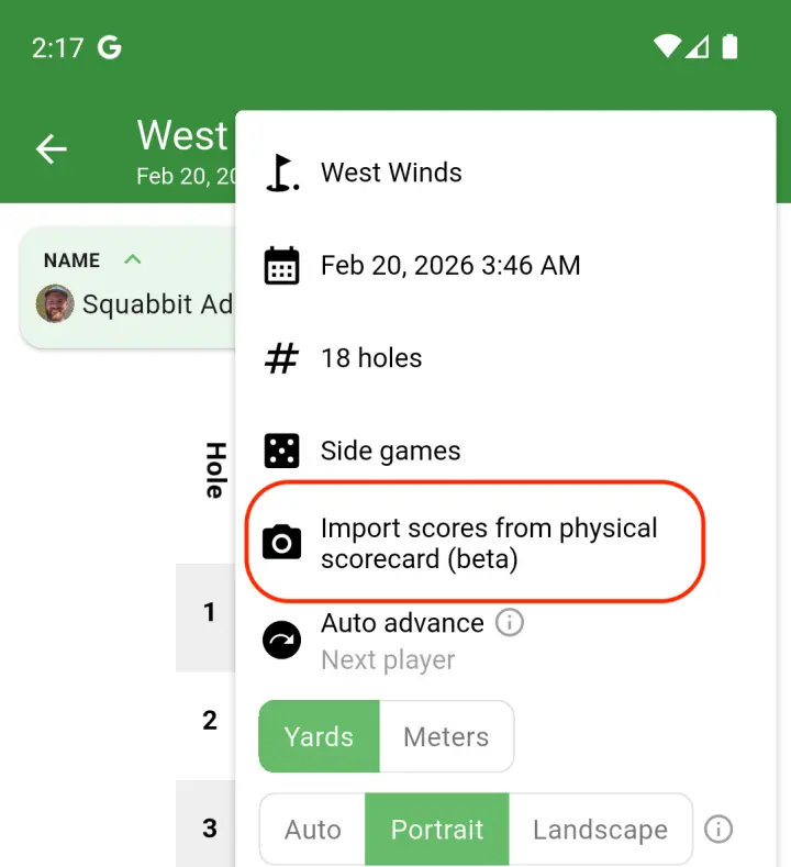 Import scores menu option on the scorecard