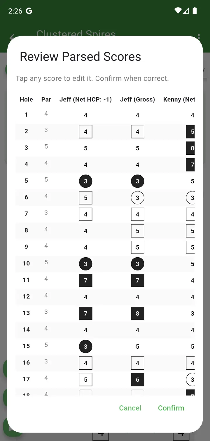 Review parsed scores dialog showing a table of player scores