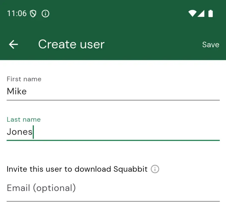 Create user form with name filled in and email left blank