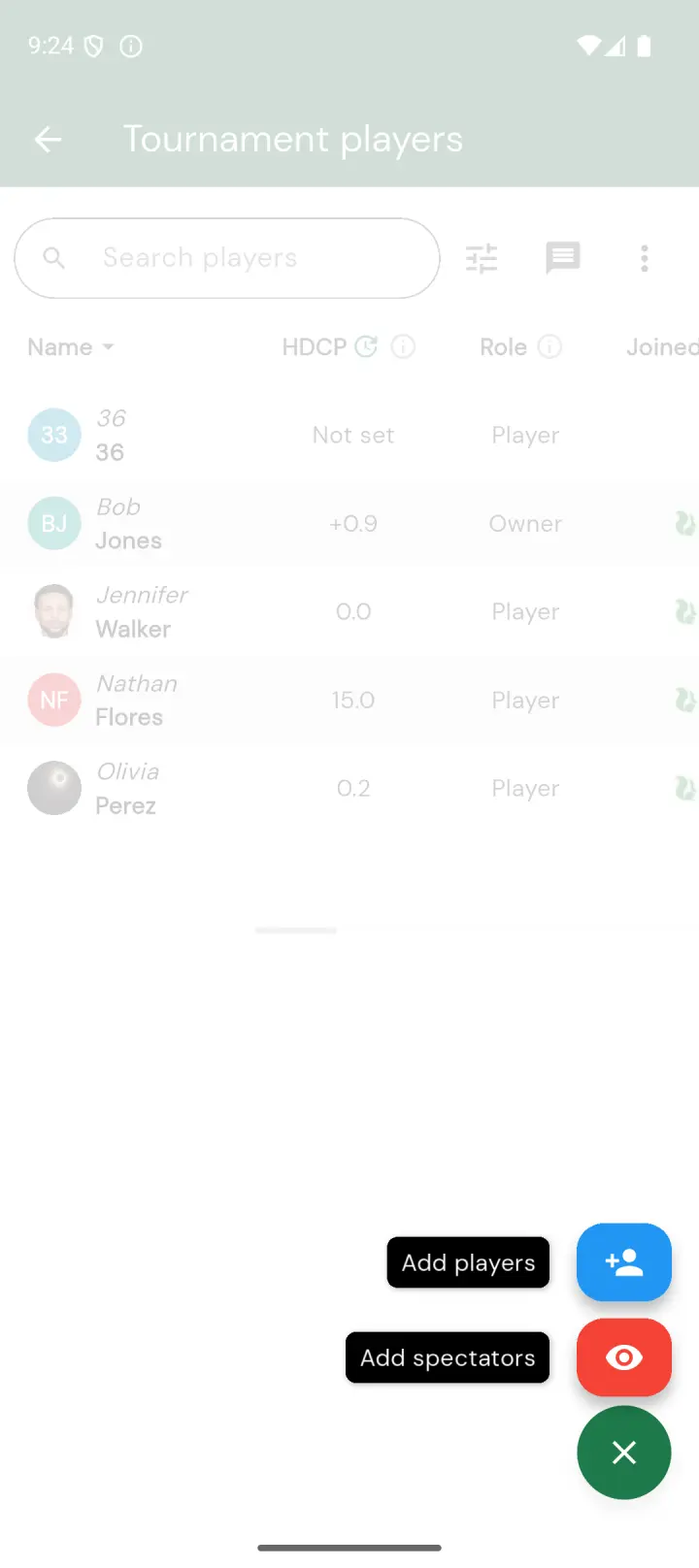 Tournament players screen with Add players button
