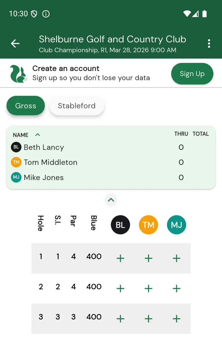 Scorecard view in guest mode with create account banner at top