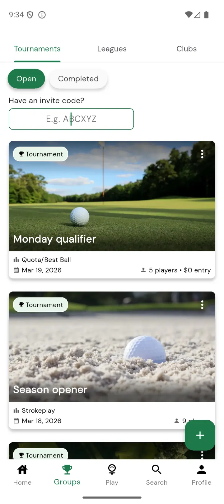 Groups tab with invite code entry field at the top