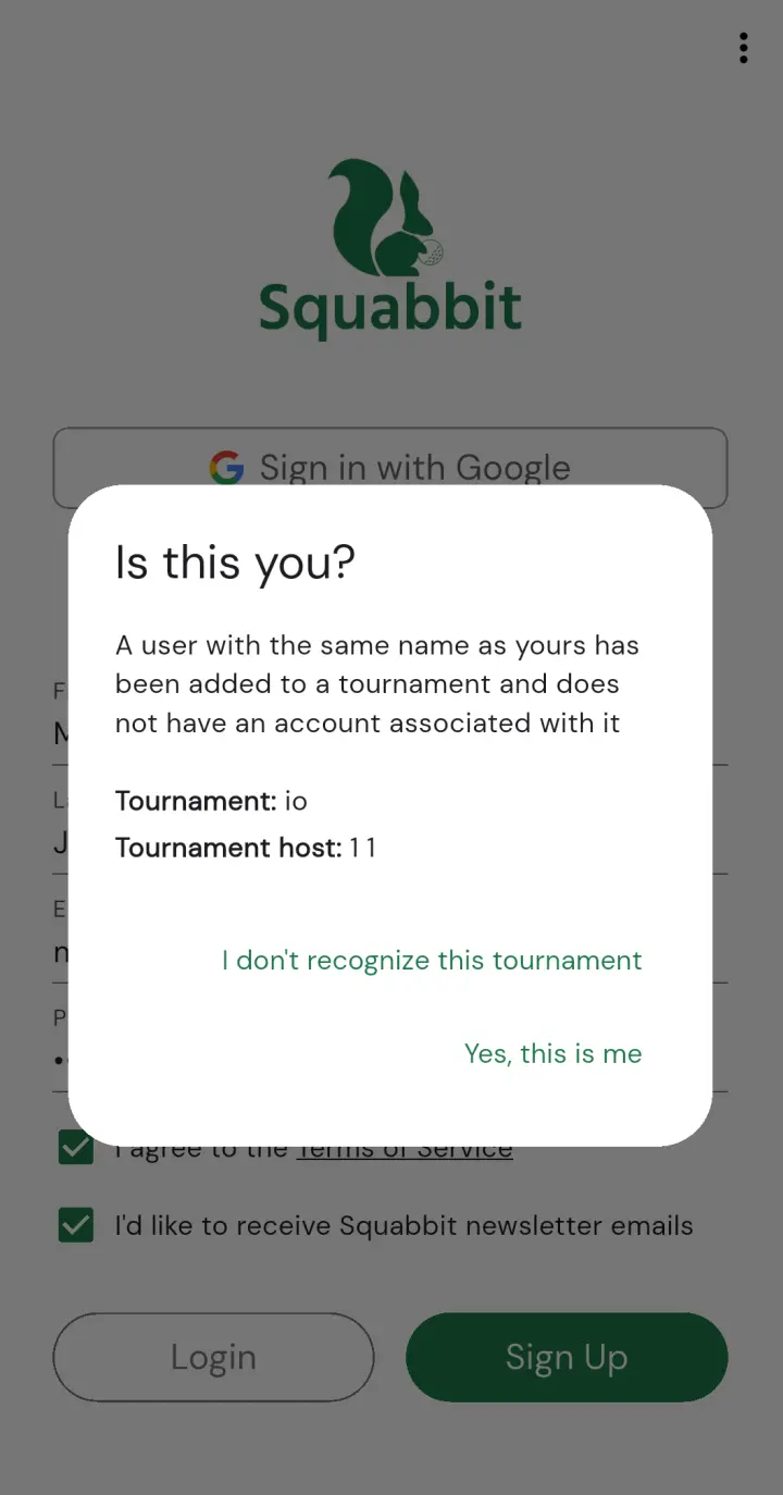 Is this you? merge prompt showing tournament name and host