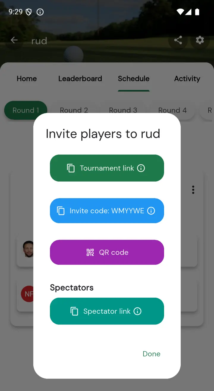 Share dialog showing tournament link, invite code, and QR code options