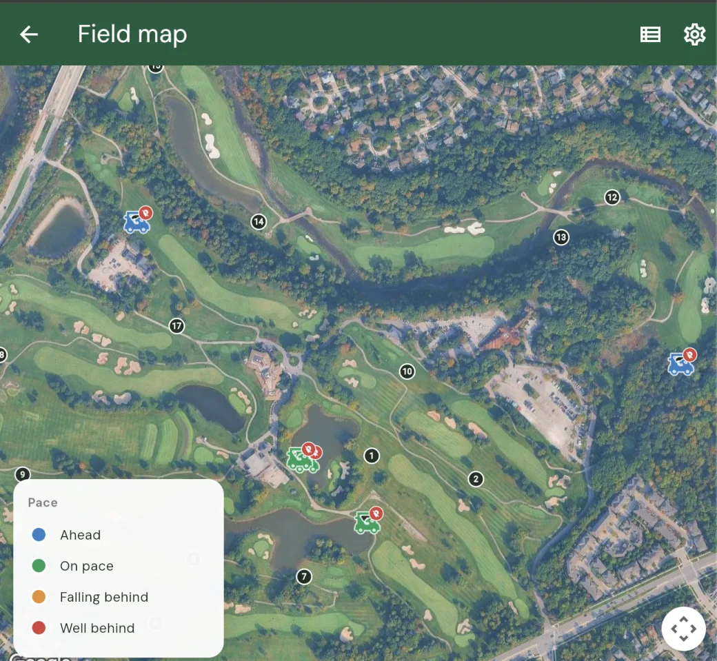 The Pace map: an aerial view of a golf course with numbered player-group markers spread across the 18 holes and a Pace legend (Ahead, On pace, Falling behind, Well behind)