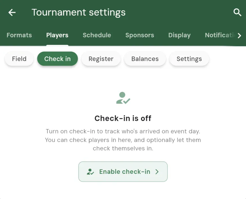 The Check-in tab before check-in is enabled, with the explanation text and a green Enable check-in button