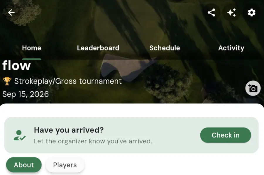 The Have you arrived? self check-in card on the tournament home screen with a green Check in button
