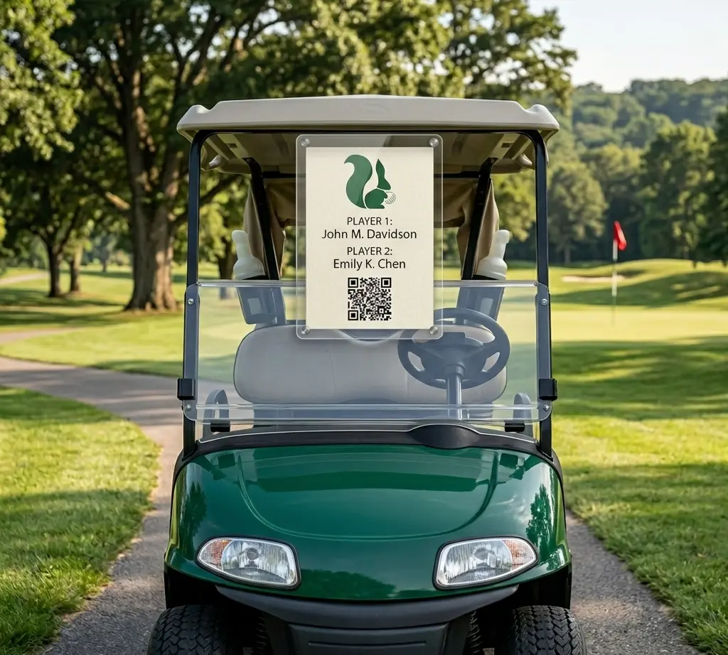 A printed Squabbit cart sign mounted on a golf cart, showing the event branding and the group's players