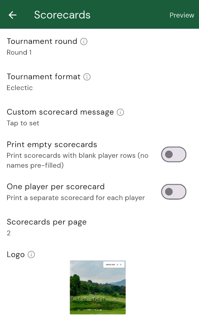 The Scorecards print options screen: tournament round, format, custom scorecard message, print empty scorecards, one player per scorecard, scorecards per page, and a logo