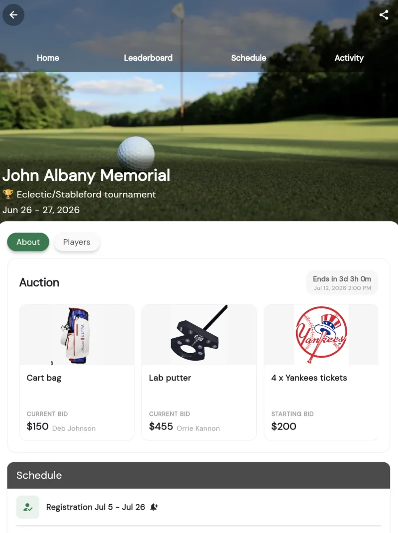 A fundraiser auction on a Squabbit tournament, with items and live bids