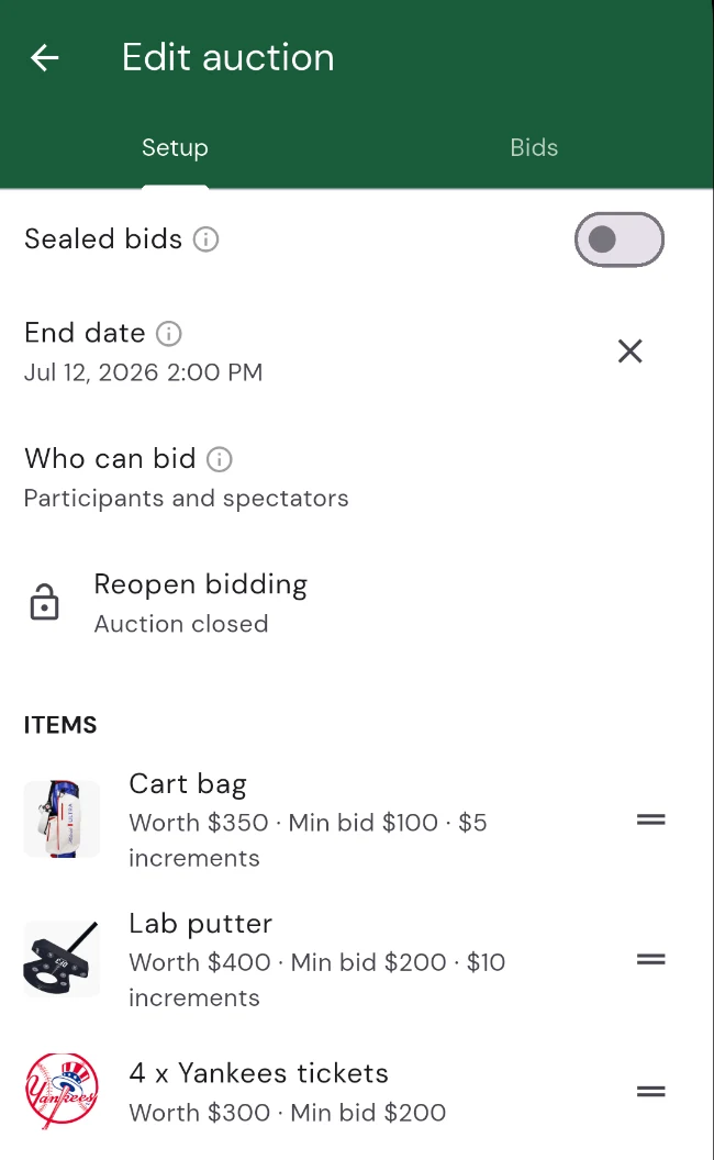 The Edit auction Setup tab: a sealed bids toggle, end date, who can bid, reopen bidding, and the list of auction items each showing its estimated value, minimum bid, and bid increment
