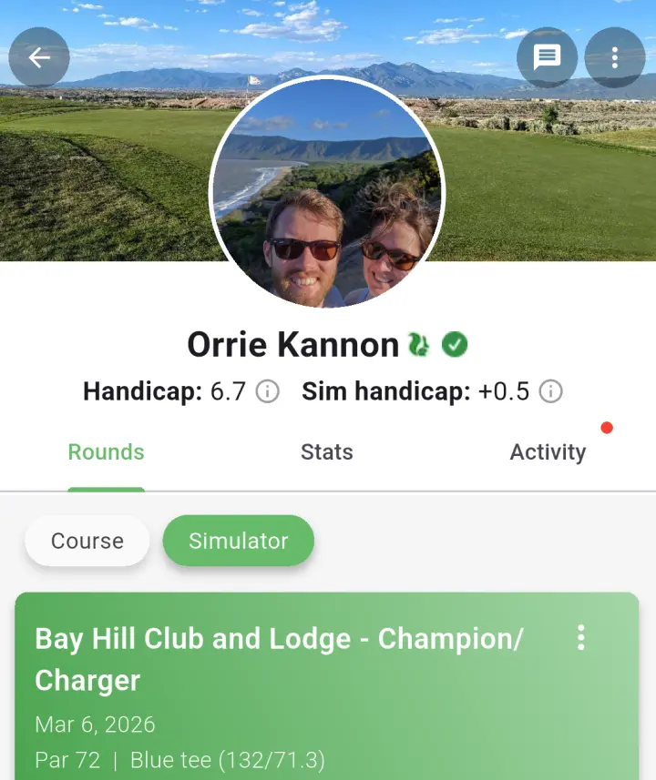 Player profile showing simulator handicap and round filter chips