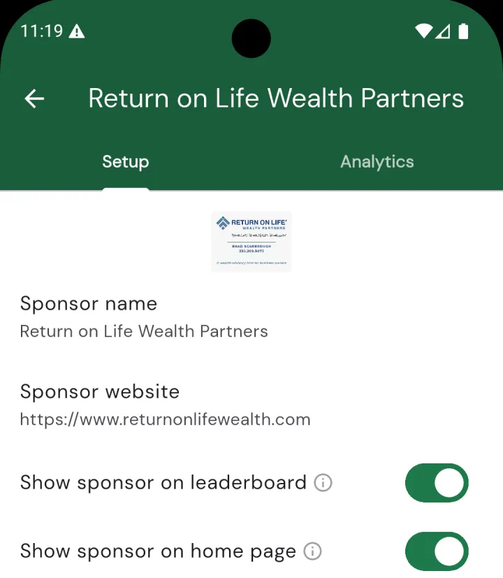 A sponsor's Setup tab showing the logo preview, Sponsor name, Sponsor website, and toggles for Show sponsor on leaderboard and Show sponsor on home page