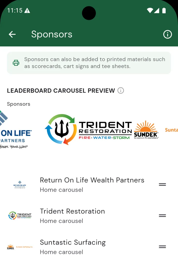 The Sponsors page showing a leaderboard carousel preview at the top and a reorderable list of sponsors, each labelled with where it appears