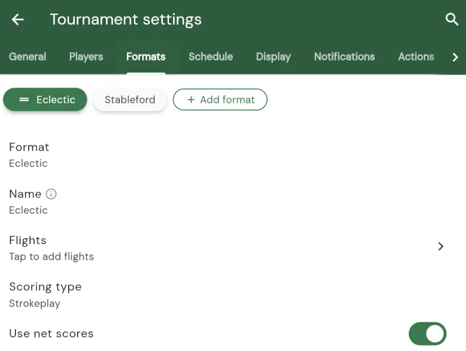 The Formats tab: a row of format chips with an Add format button, and the selected format's settings edited inline below