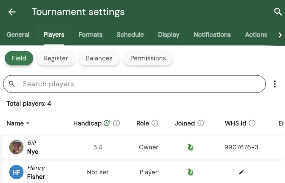 The Players tab with the Field, Register, Balances, and Permissions chips above the player table