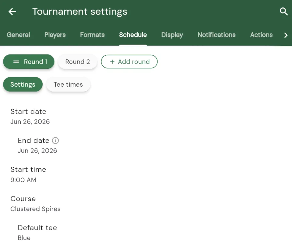 The Schedule tab: round chips with an Add round button, Settings and Tee times sub-tabs, and the round's date, time, course, and default tee