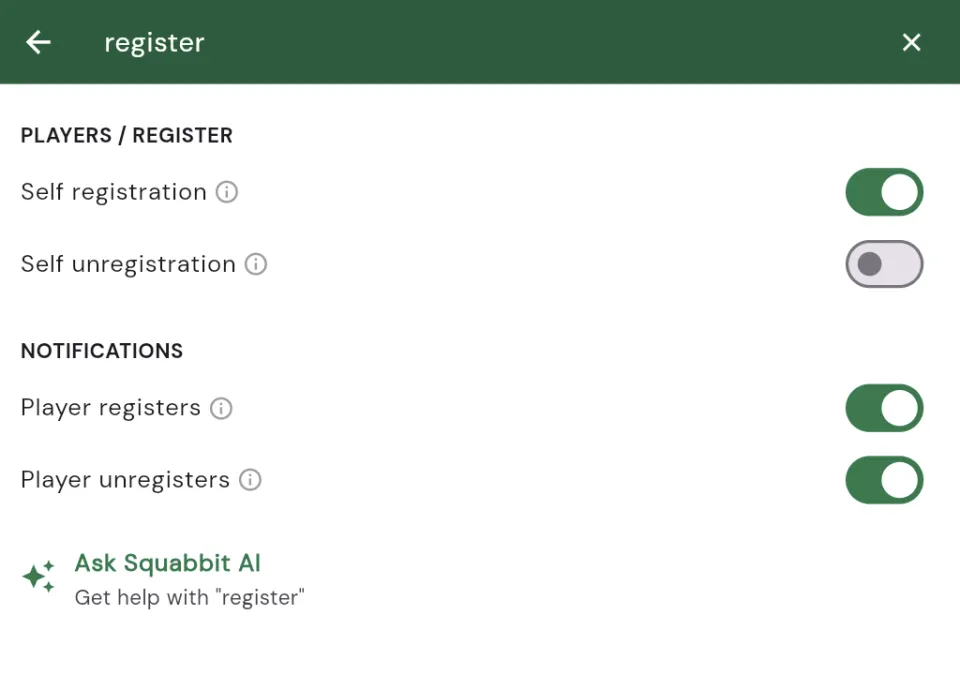 Searching settings for register, showing matching options under Players/Register and Notifications, plus an Ask Squabbit AI fallback