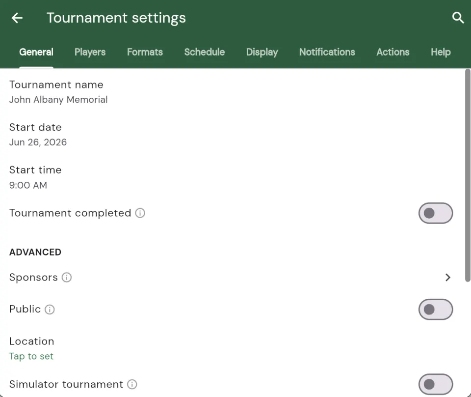 Tournament settings with the tab row (General, Players, Formats, Schedule, Display, Notifications, Actions) and the General tab open