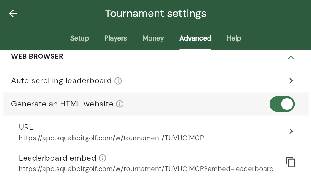 The Web Browser section of tournament settings with the Generate an HTML website switch turned on, showing the shareable URL and a leaderboard embed link beneath it