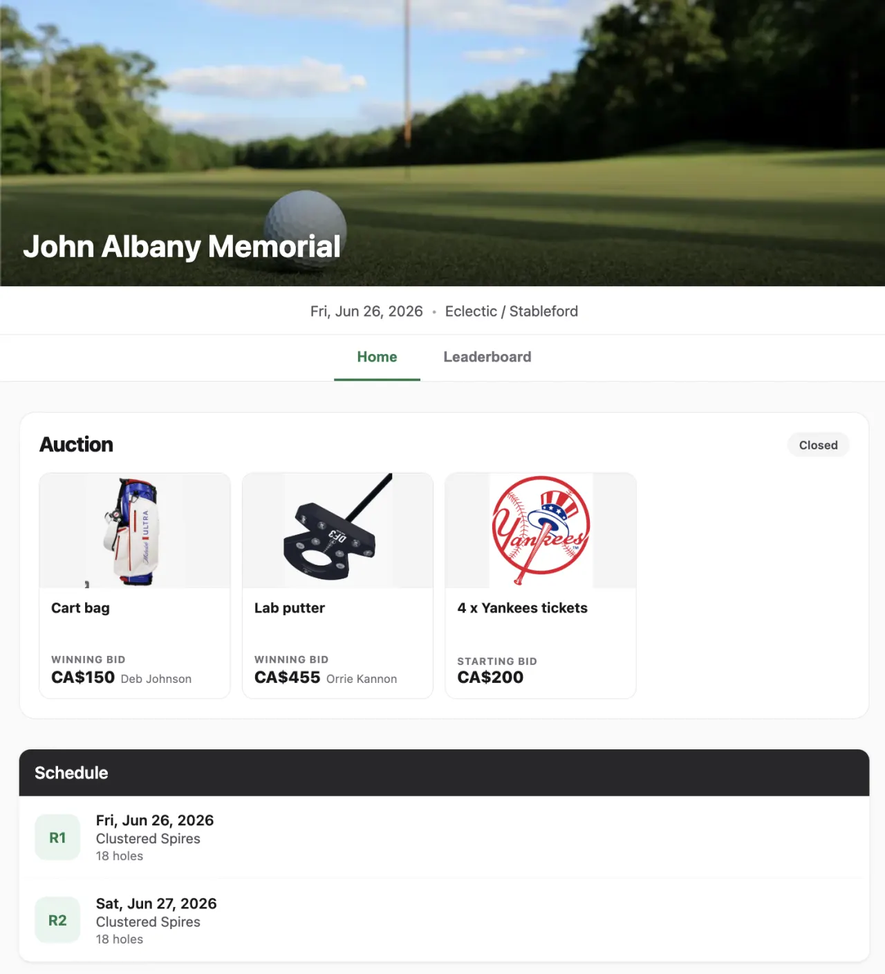 A tournament's public website open in a browser, showing the event header, Home and Leaderboard tabs, the auction, and the round schedule