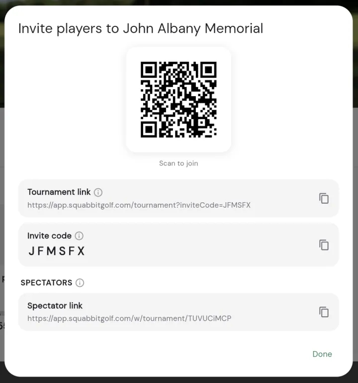 The invite dialog showing a QR code, the tournament link, the invite code, and a Spectator link row under a Spectators heading